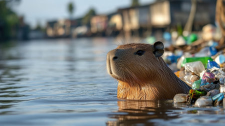 A capybara swimming in a river with a lot of trash and plastic bottles, AIの素材