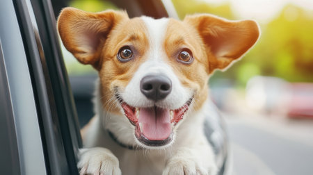 A dog sticking his head out of a car window, AIの素材