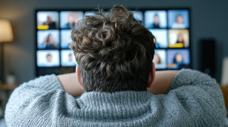 A man sitting in front of a television with many people on it, AIの素材