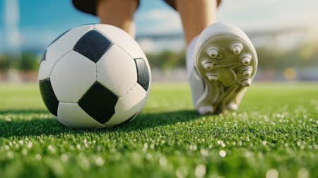 A soccer ball and foot on green grass field with stadium in background, AIの素材