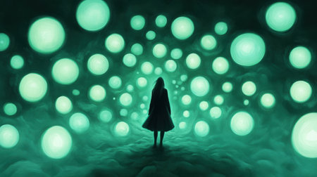 A woman standing in a room full of glowing balls, AIの素材