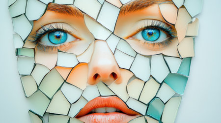 A womans face made of broken glass with blue eyes, AIの素材