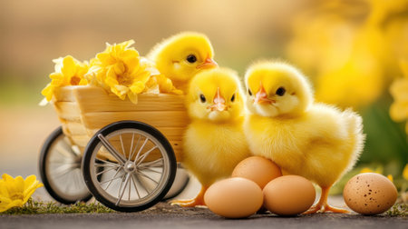 Three little chicks sitting next to a cart with eggs, AIの素材