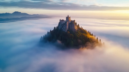 A castle sits on top of a mountain surrounded by clouds, AIの素材