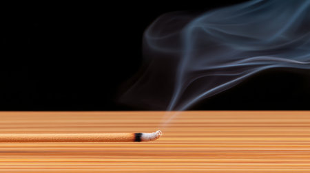 A smoldering incense stick with smoke rising from it on a wooden surface, AIの素材