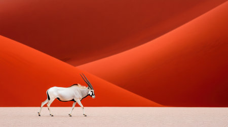 A white antelope walking across a red sand dune, AIの素材