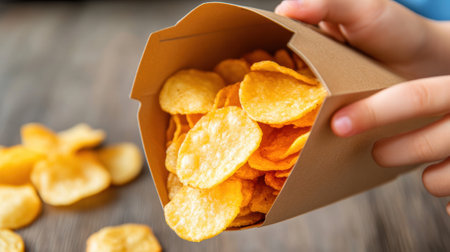 A person holding a bag of chips in one hand and another with some other food, AIの素材