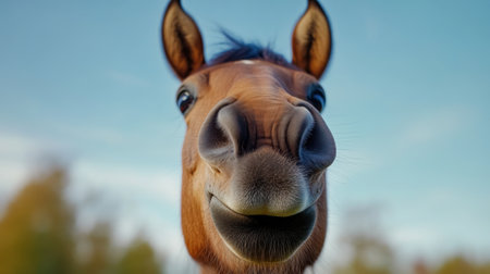 A close up of a horses face with trees in the background, AIの素材