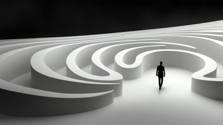 A person walking through a maze of white curves in the dark, AIの素材