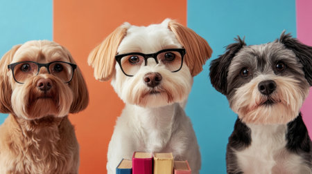 Three dogs wearing glasses and sitting next to a stack of books, AIの素材