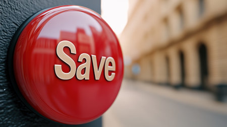 A close up of a red button with the word save on it, AIの素材