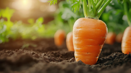 A close up of a carrot growing in the dirt with other carrots, AIの素材