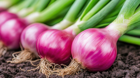 A close up of a bunch of onions that are growing, AIの素材