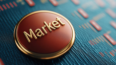 A close up of a red button with the word market on it, AIの素材