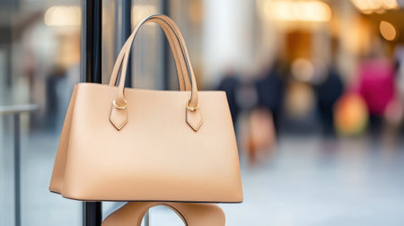 A tan purse hanging on a display window in front of people, AIの素材