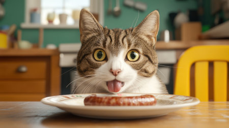 A cat licking a sausage on top of a plate, AIの素材