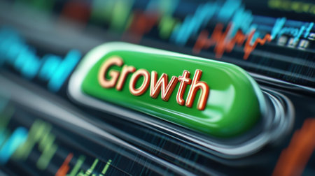 A green button with the word growth on it in front of a stock market, AIの素材