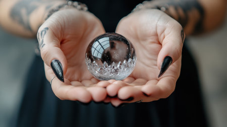 A woman with black nails holding a crystal ball in her hands, AIの素材