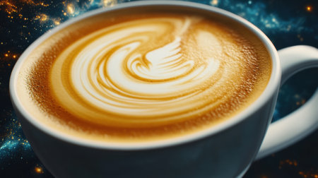 A close up of a cup with coffee and swirls on it, AIの素材