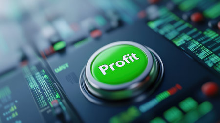 A close up of a green button on the screen with text that says profit, AIの素材