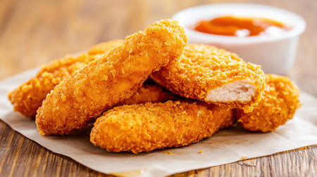 A pile of fried chicken nuggets and a small bowl of ketchup, AIの素材
