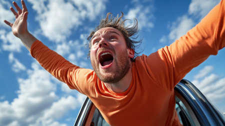 A man in orange shirt with arms outstretched and mouth open, AIの素材