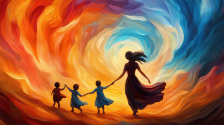 A painting of a woman holding hands with two children walking through an orange colored swirl, AIの素材