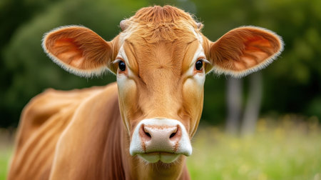 A close up of a brown cow with big eyes in the grass, AIの素材