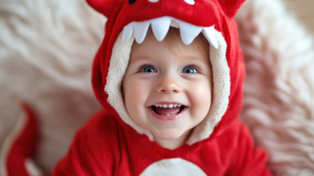 A baby in a red dragon costume smiling and looking at the camera, AIの素材