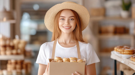 A woman holding a box of pastries in front of her, AIの素材