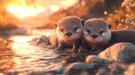 Two otters are sitting on a rock next to the water, AIの素材