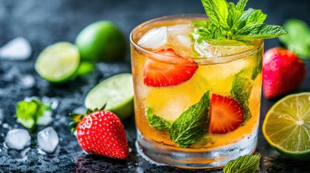 A close up of a drink with strawberries, mint and lime, AIの素材