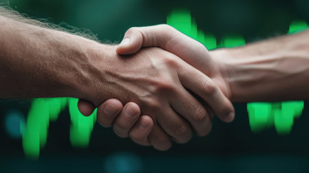 Two men shaking hands in front of a green background, AIの素材