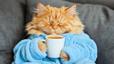 A cat in blue pajamas holding a cup of coffee, AIの素材