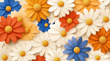 A close up of a bunch of flowers that are blue, orange and white, AIの素材