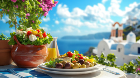 A plate of food on a table with flowers in the background, AIの素材