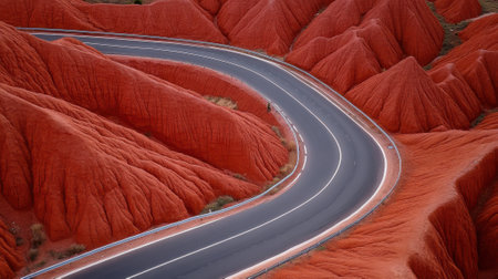 A curved road winding through a red rock formation, AIの素材