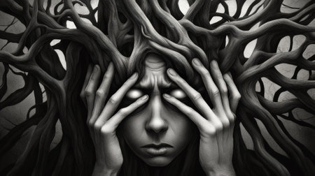 A black and white photo of a woman with her hands covering her face, AIの素材