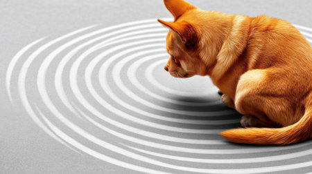 A small orange cat sitting on a gray surface with circles, AIの素材