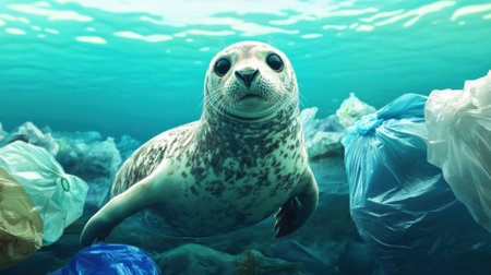A seal swimming in the ocean with plastic bags floating around it, AIの素材