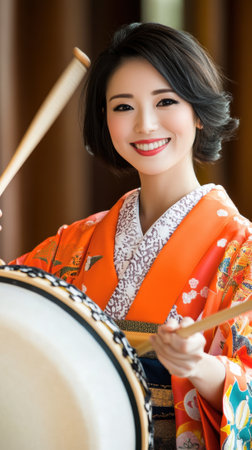 A woman in traditional japanese clothing holding a pair of drums, AIの素材