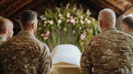 A group of men in uniform standing around a casket, AIの素材
