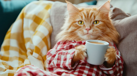A cat in pajamas holding a cup of coffee on couch, AIの素材