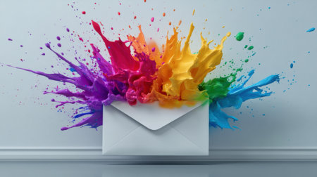 A colorful envelope with a splash of paint on it, AIの素材