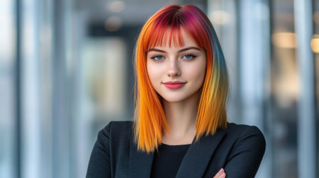 A woman with bright orange hair posing for a picture, AIの素材