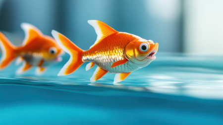 Two goldfish swimming in a blue water with some bubbles, AIの素材