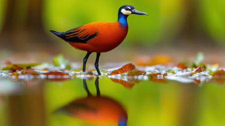 A bird with a red beak standing in water on leaves, AIの素材