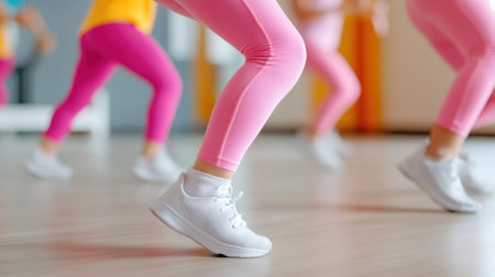 A group of people in pink and white leggings dancing, AIの素材