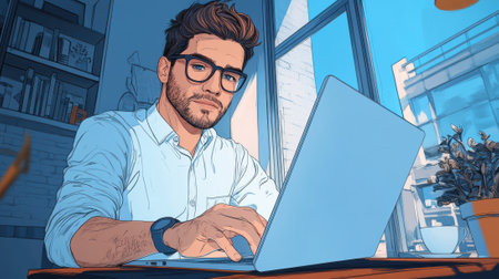 A cartoon of a man with glasses is working on his laptop, AIの素材