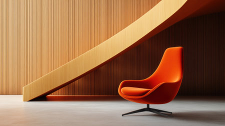 A modern orange chair in front of a staircase with wood, AIの素材
